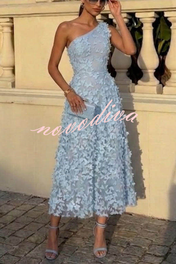 Vestido midi evasé Lynelle de tul con flores y mariposas 3D, asimétrico de un hombro y sin mangas