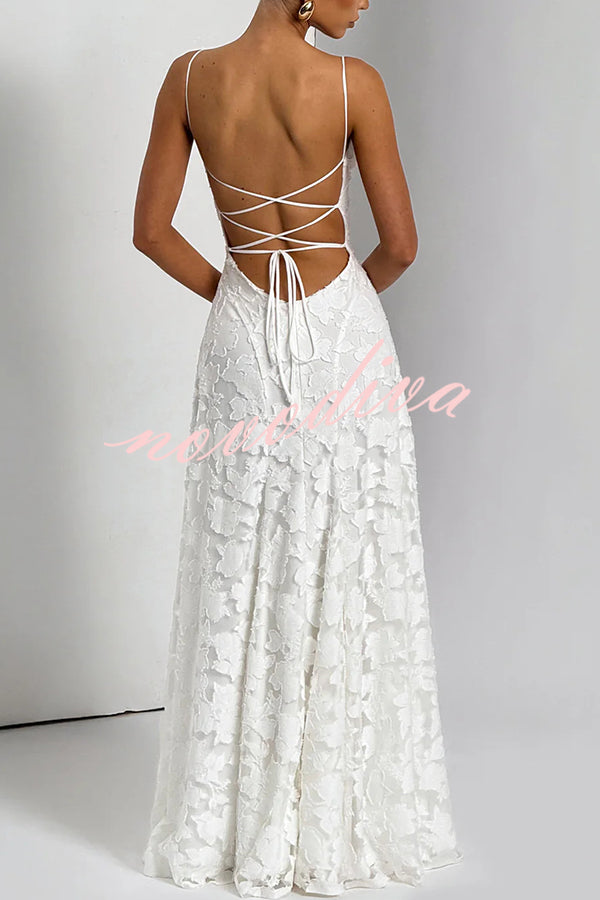 Vestido largo Francis de tejido devoré floral exclusivo con cuello caído y lazada en la espalda