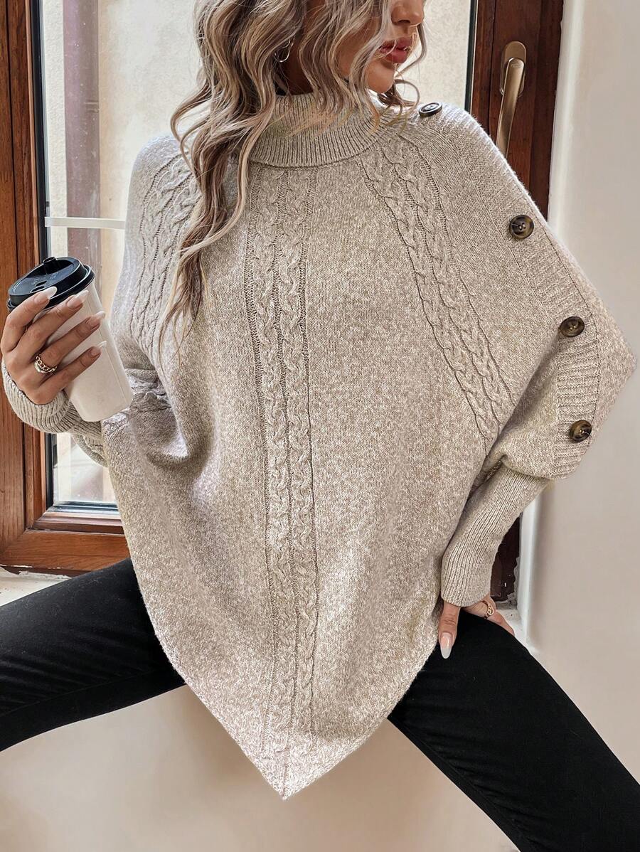 Alexis | Jersey Poncho de Cuello Alto y Manga Murciélago, Punto Trenzado Asimétrico