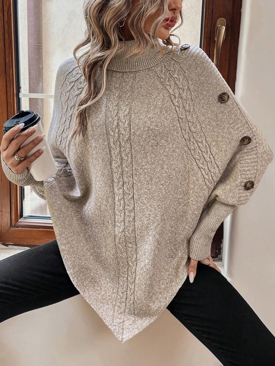 Alexis | Jersey Poncho de Cuello Alto y Manga Murciélago, Punto Trenzado Asimétrico