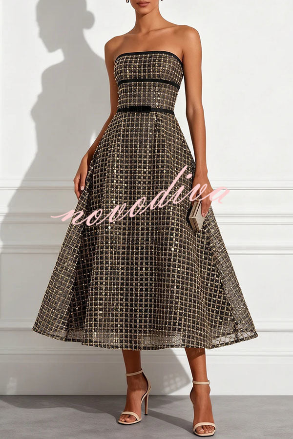 Vestido midi evasé palabra de honor de cuadros y lentejuelas con detalle de lazo