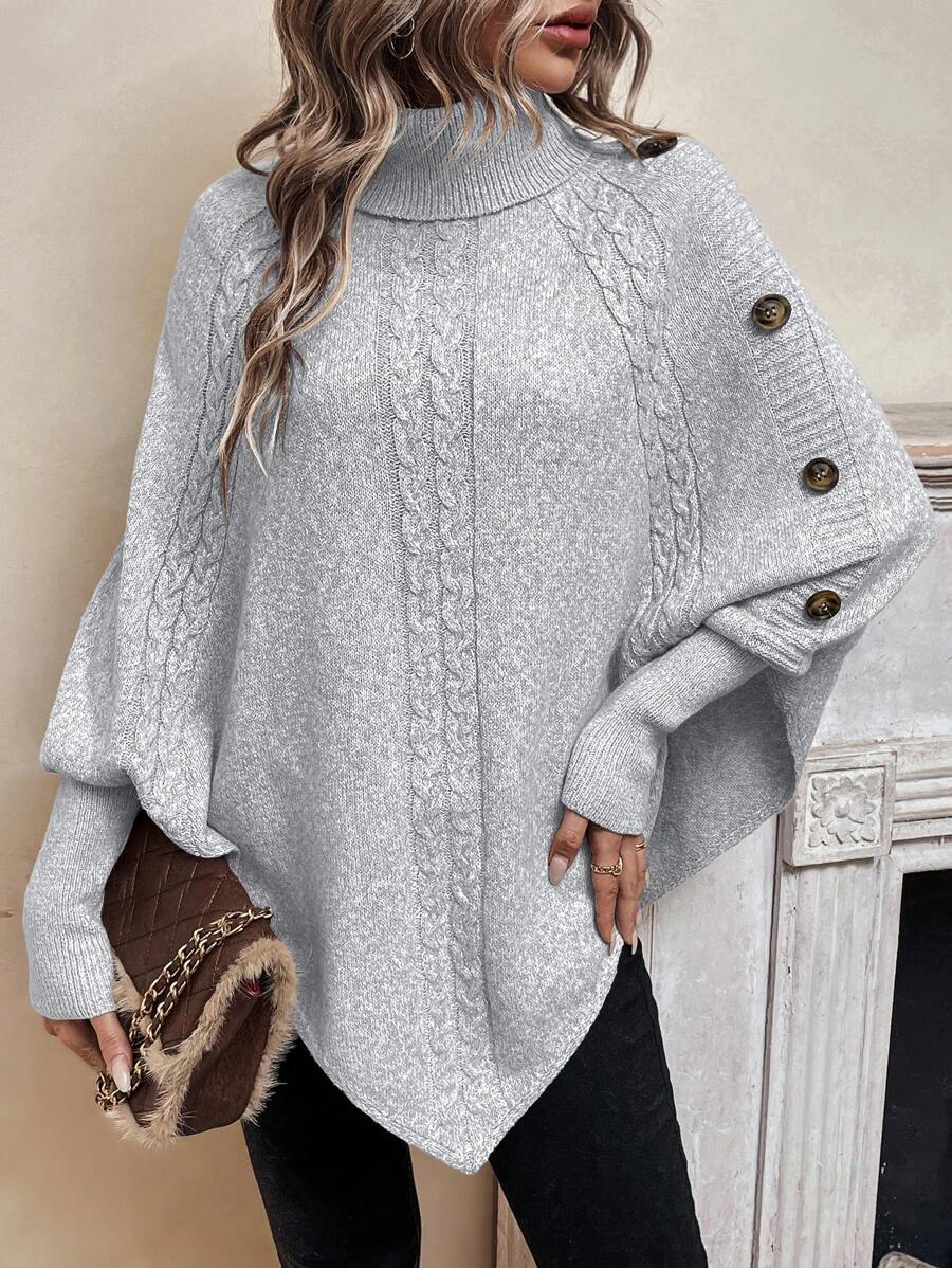 Alexis | Jersey Poncho de Cuello Alto y Manga Murciélago, Punto Trenzado Asimétrico
