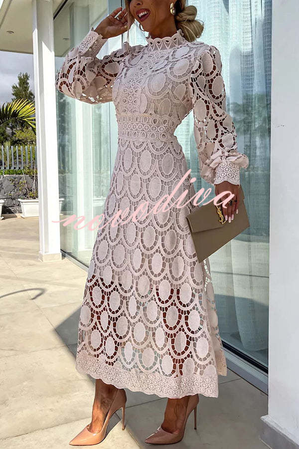 Vestido midi de fiesta Romántico, Sensual y Elegante de encaje de ganchillo con manga farol