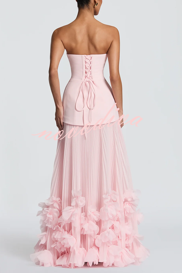 Vestido largo de gala Serafina palabra de honor con apliques florales hechos a mano, bajo plisado y lazada en la espalda