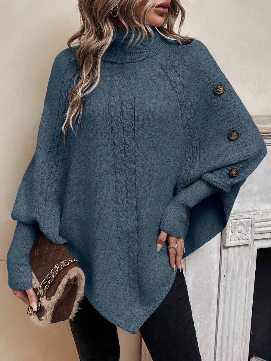 Alexis | Jersey Poncho de Cuello Alto y Manga Murciélago, Punto Trenzado Asimétrico