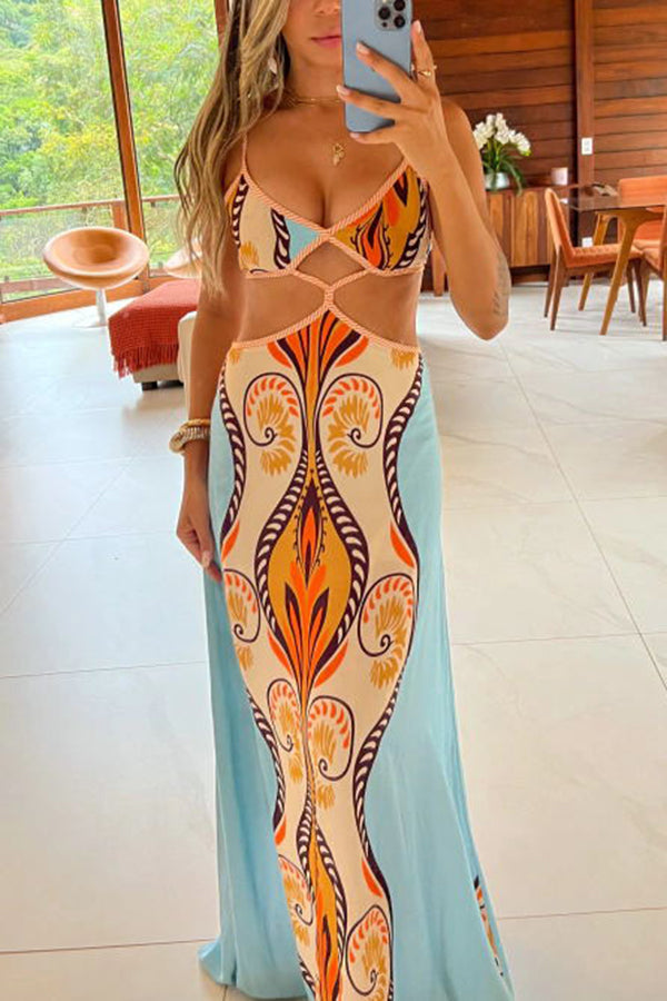 Vestido largo de mezcla de lino con estampado étnico, abertura en la cintura y lazada en la espalda