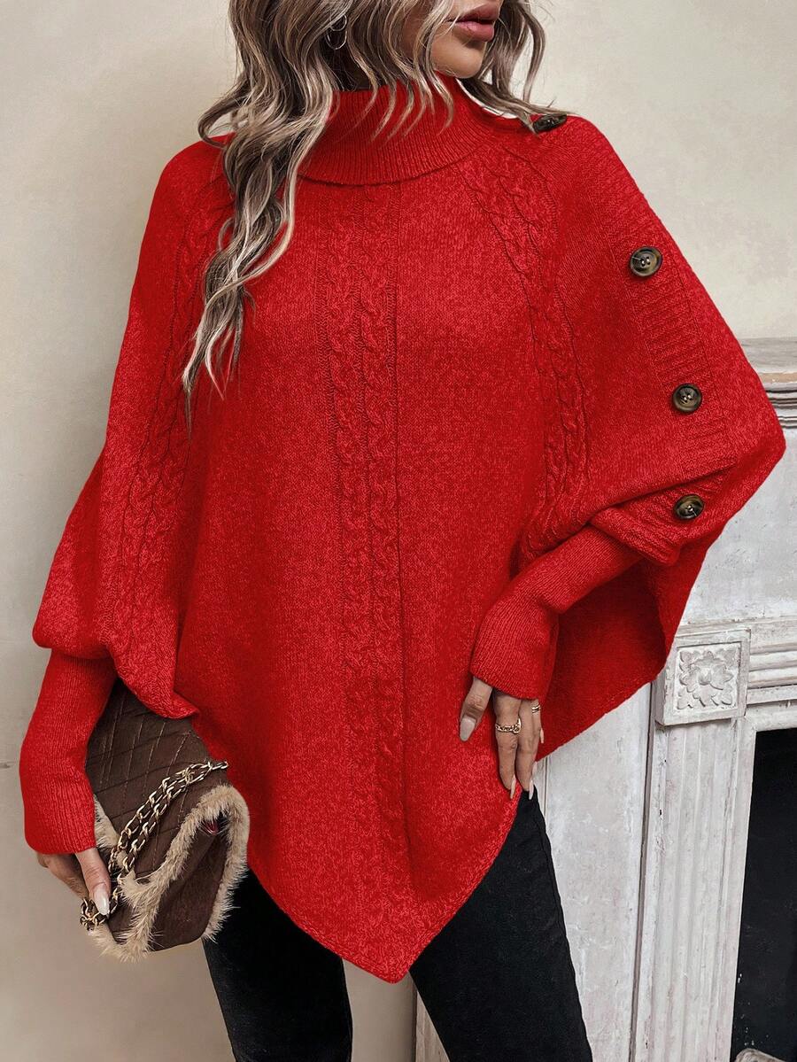 Alexis | Jersey Poncho de Cuello Alto y Manga Murciélago, Punto Trenzado Asimétrico