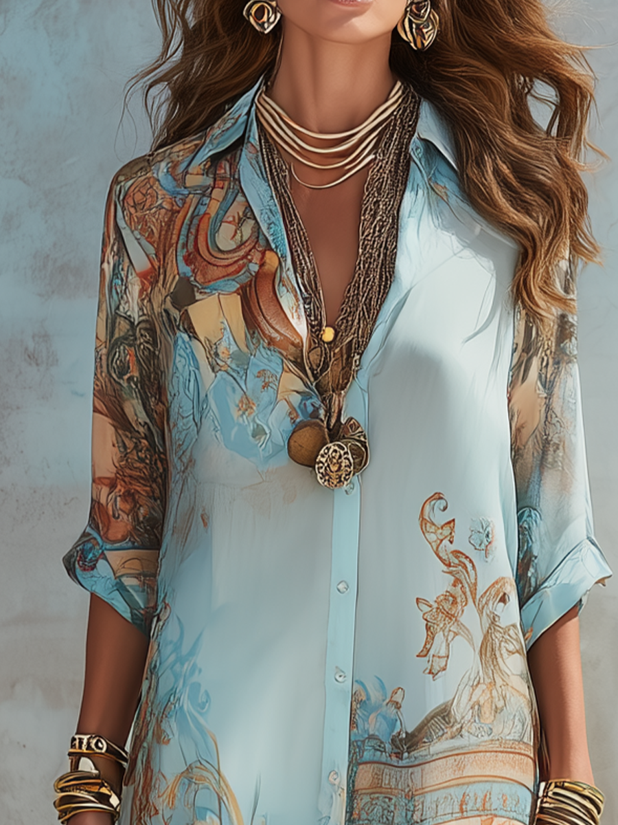 Vestido Largo de Gasa Azul con Estampado Floral de Estilo Barroco