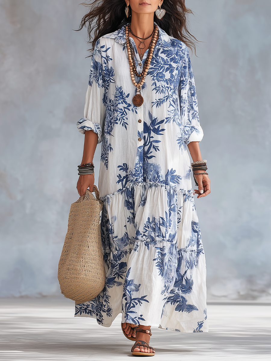 Vestido largo bohemio con botones y estampado floral azul