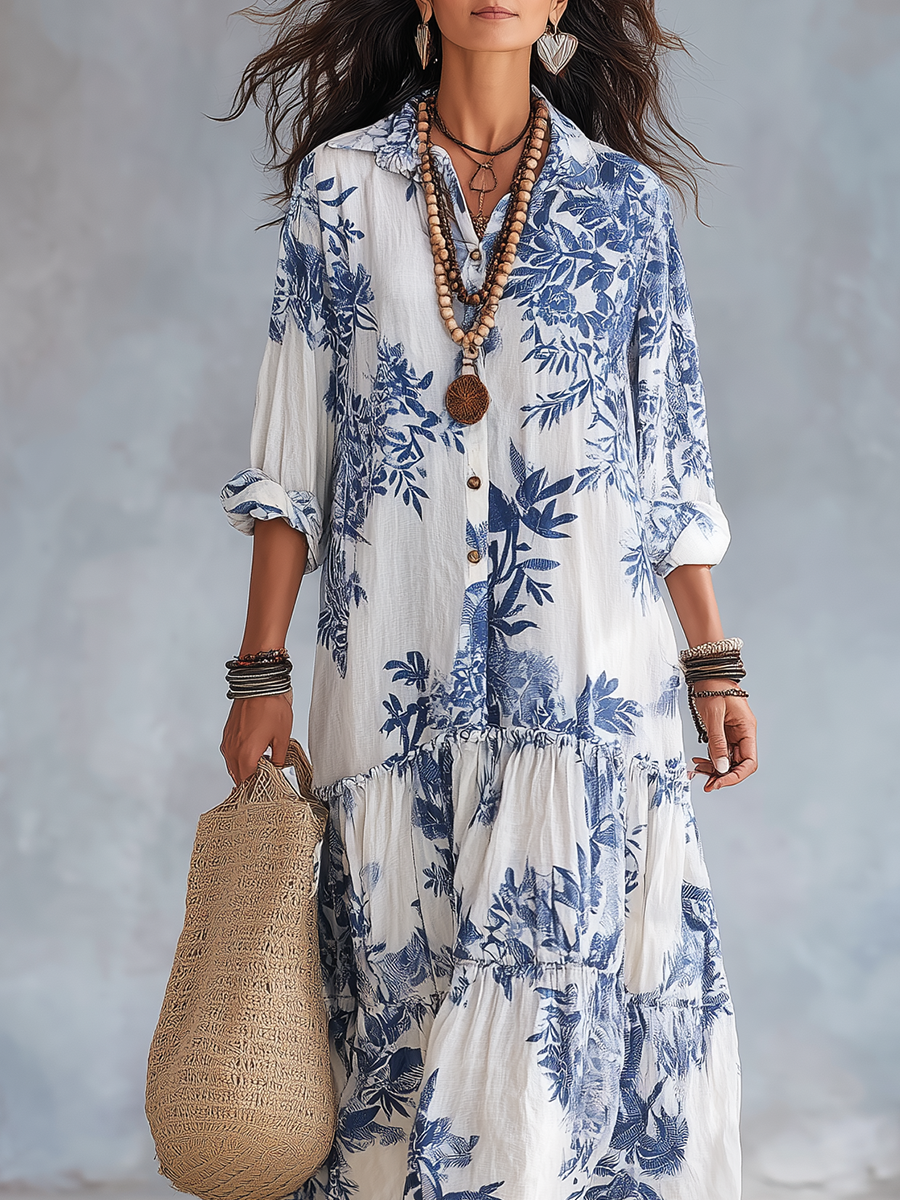 Vestido largo bohemio con botones y estampado floral azul