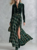 ISA | CONJUNTO DE VESTIDO MAXI DE TERCIOPELO DE CUADROS VERDE