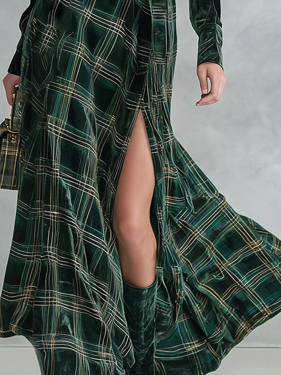 ISA | CONJUNTO DE VESTIDO MAXI DE TERCIOPELO DE CUADROS VERDE