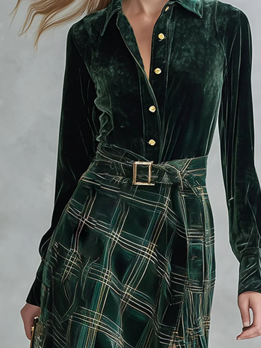 ISA | CONJUNTO DE VESTIDO MAXI DE TERCIOPELO DE CUADROS VERDE