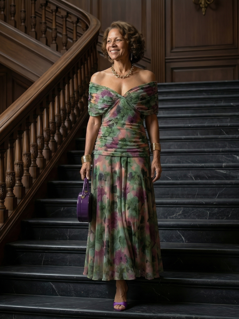 Calen | Vestido Midi Fluido de Hombros Descubiertos