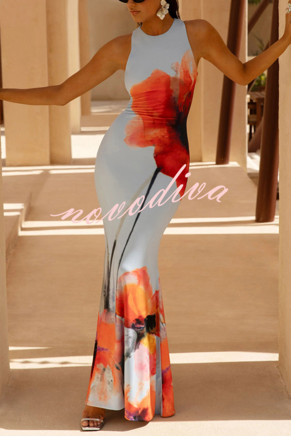 Vestido largo sirena elegante ajustado con estampado floral y sin mangas
