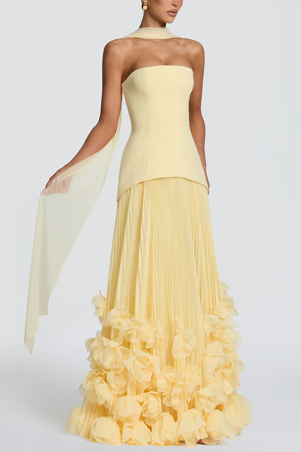 Vestido largo de gala Serafina palabra de honor con apliques florales hechos a mano, bajo plisado y lazada en la espalda