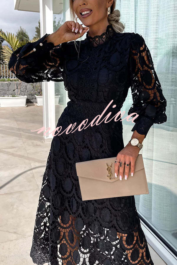 Vestido midi de fiesta Romántico, Sensual y Elegante de encaje de ganchillo con manga farol