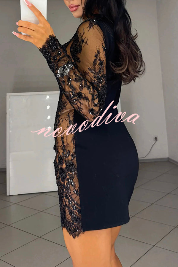 Minivestido Cocktails First de manga larga con patchwork de lentejuelas florales y cuentas