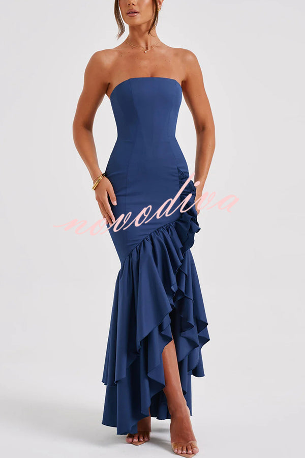 Vestido largo ajustado sexy con hombros descubiertos y bajo irregular
