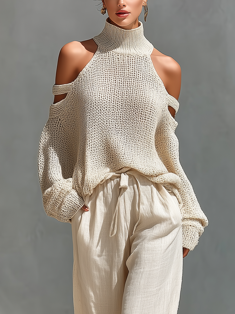 MARIA | Conjunto de top de cuello alto con hombros descubiertos y pantalón ancho de punto