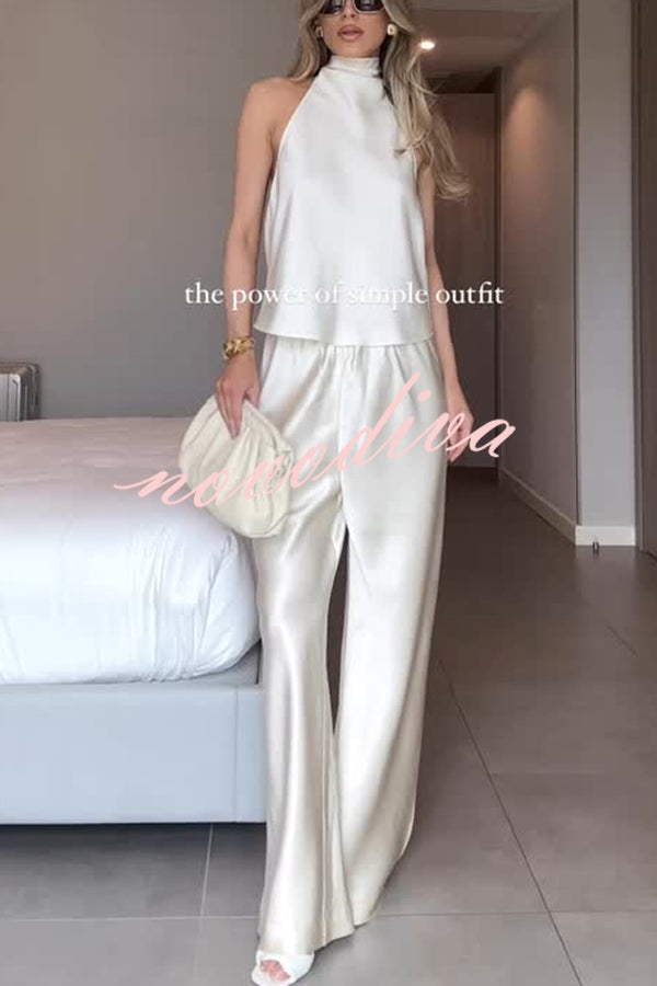 Conjunto Glamour Moderno de top halter de satén con lazada y pantalón ancho con cintura elástica