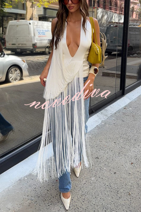 Top midi Dramatic Effect con escote profundo, sin mangas y flecos drapeados irregulares