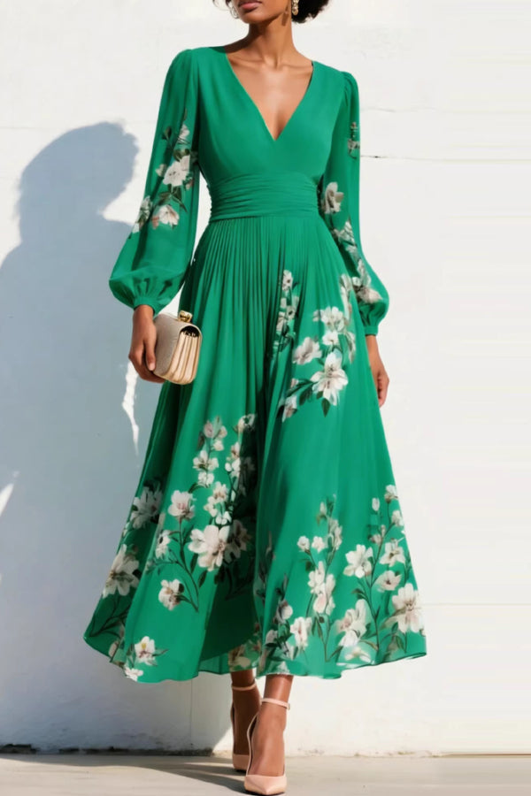 Vestido largo casual con estampado floral, escote en V, manga larga y cintura entallada