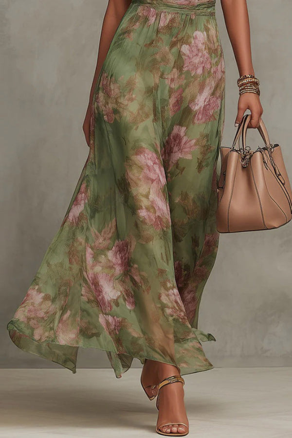 Vestido largo casual de vacaciones con estampado floral, cuello halter, sin mangas y cintura entallada