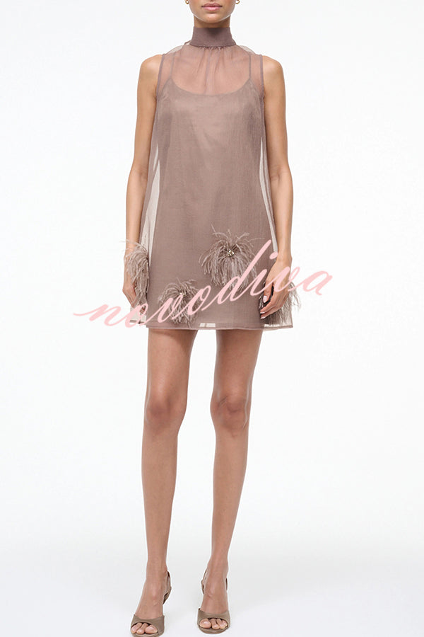 Minivestido línea H Encanto Juguetón de gasa transparente con plumas y lazo en la espalda
