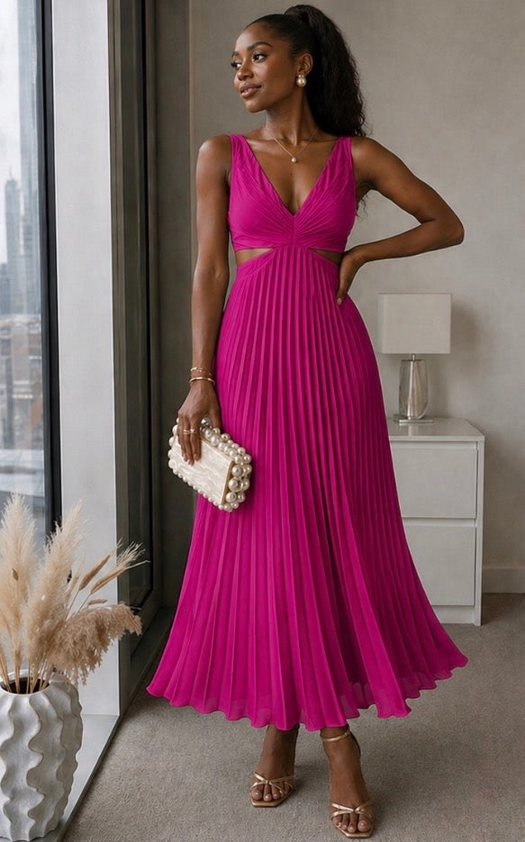 Eliana | Vestido Maxi Plisado con Recorte