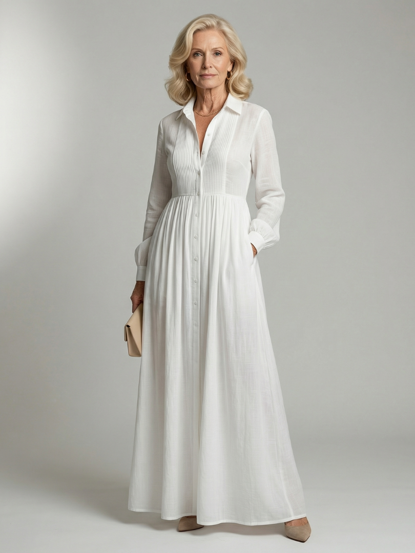 Aurora | Vestido Maxi Plisado con Botonadura Frontal