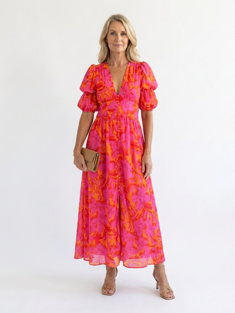 Adalyn | Vestido Midi Floral con Mangas Abullonadas