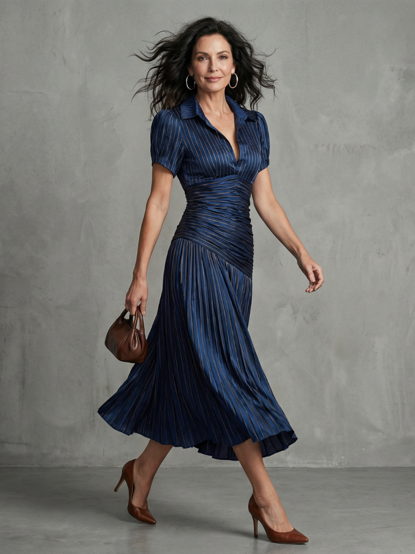 Liliana | Vestido Midi Plisado de Raya Fina