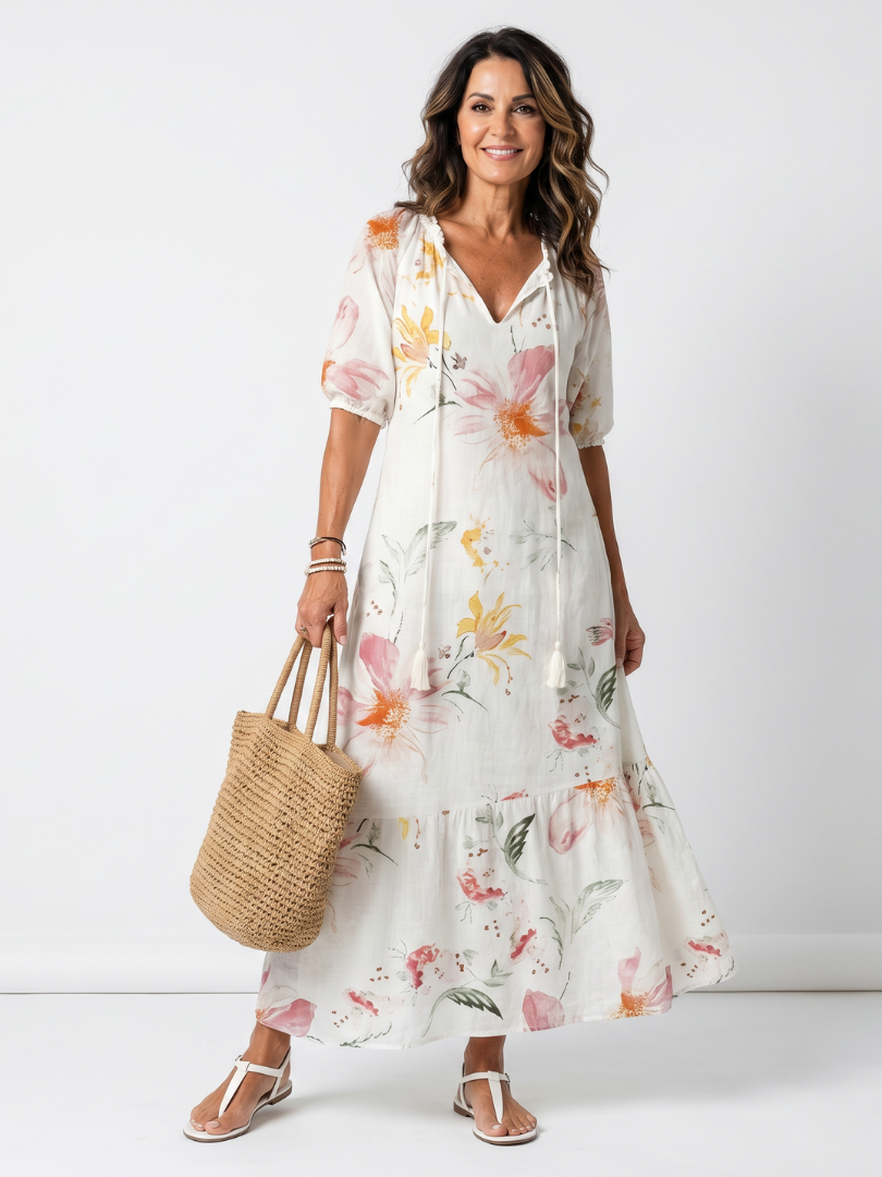 Noa | Vestido Midi Floral Suave por Capas con Borlas
