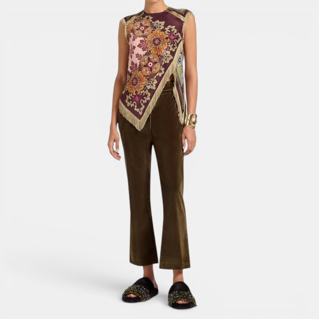 DELWYN™: blusa sin mangas con estampado vintage y borlas