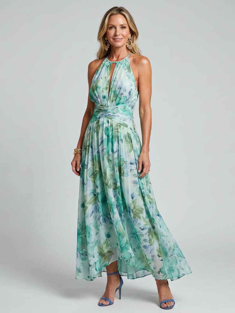 Brielle | Vestido Midi Floral Plisado con Cuello Halter