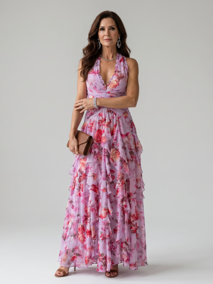 Sage | Vestido Maxi Floral con Cuello Halter