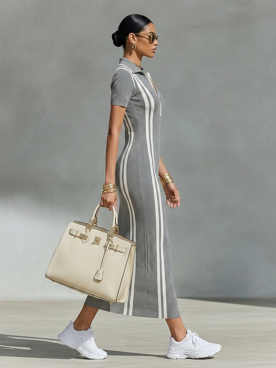 Vestido largo de mujer en punto canalé elástico gris, con cuello polo de cremallera y rayas laterales verticales, vestido lápiz ajustado chic y deportivo MDZ2497F8LYL