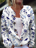 Vynora | Cárdigan de Punto Vintage con Estampado Floral y Pájaros, Abotonado