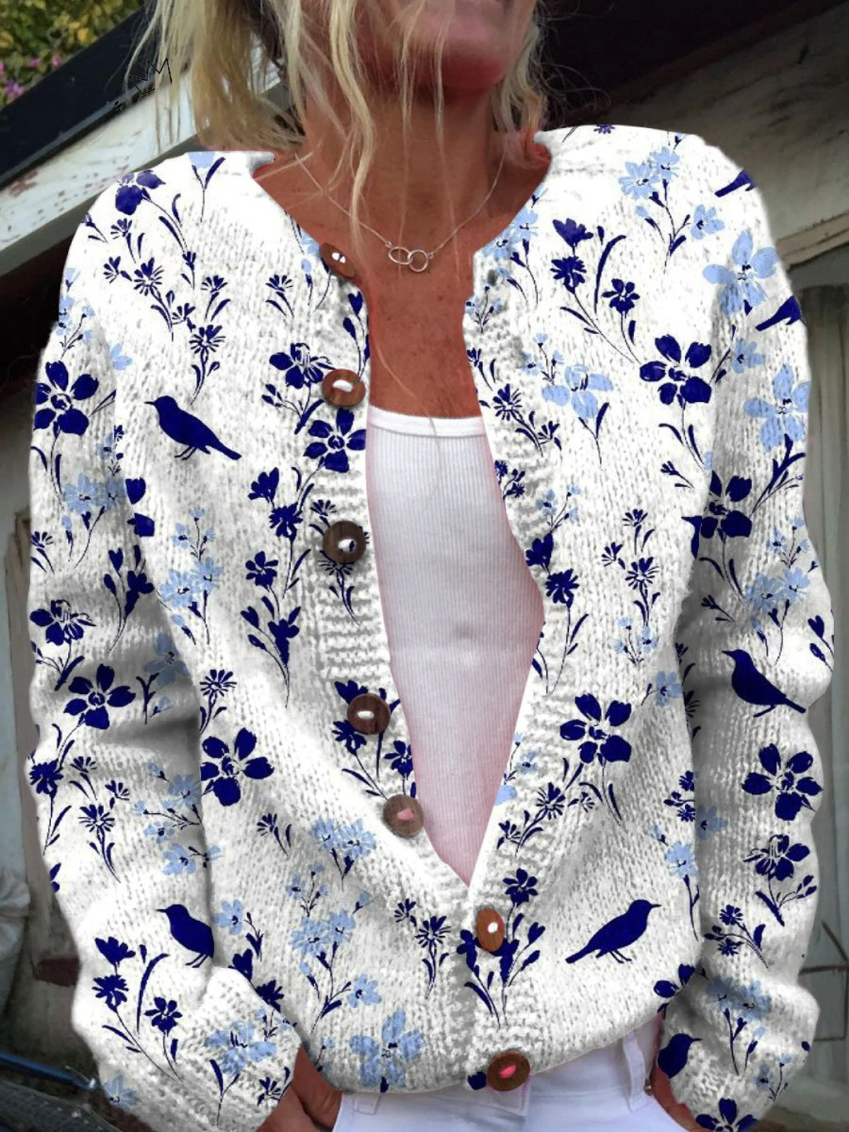 Vynora | Cárdigan de Punto Vintage con Estampado Floral y Pájaros, Abotonado