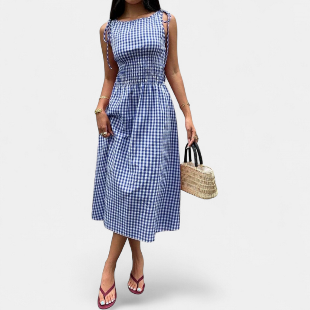 PERNETTE™ – Vestido midi de vichy con cintura fruncida