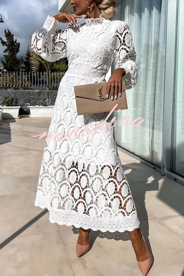 Vestido midi de fiesta Romántico, Sensual y Elegante de encaje de ganchillo con manga farol