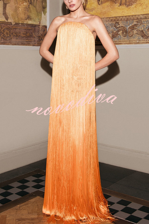 Vestido largo de gala hasta el suelo Dreamy Eye-catching con flecos brillantes y hombros descubiertos