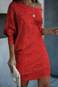 Minivestido holgado de lentejuelas en color liso con hombros descubiertos