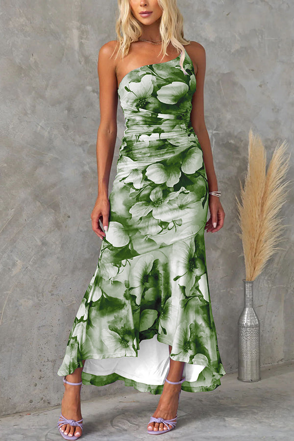 Vestido largo elástico Deja con capa de malla, estampado floral, asimétrico y fruncido