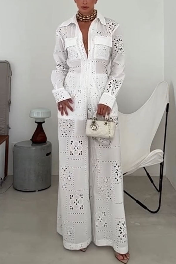 Mono camisero holgado Vivi de encaje bordado con aberturas, manga larga, bolsillos y cintura elástica