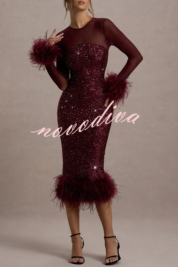 Vestido midi elástico Glamour y Drama de malla con patchwork de lentejuelas y ribete de plumas