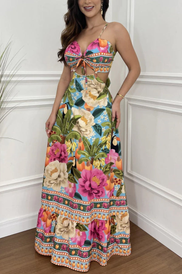 Vestido largo Estilo México con estampado tropical, abertura con aro y lazada, ideal para vacaciones