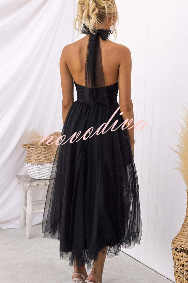 Vestido largo halter Fairy Vibes de tul con detalle fruncido