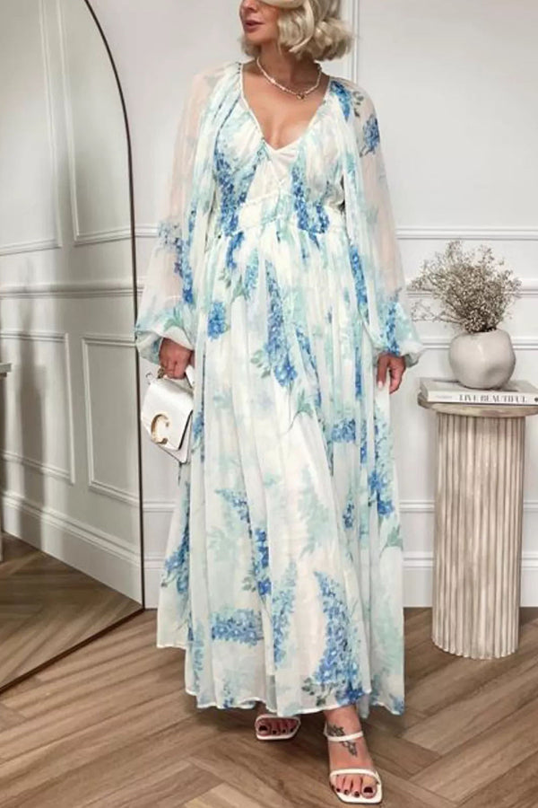Vestido largo Rumbo al Océano de gasa floral con cintura ajustable con cordón